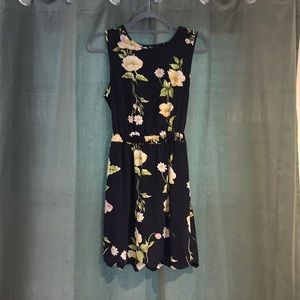 Navy mini dress, flower print, scallop hem detail